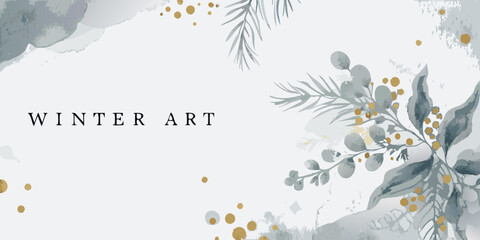 watercolor eucalyptus branches with gold accents on a light gray background © Tarun
