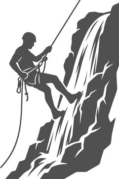 Canyoning adventurer rappelling down a steep waterfall on a rope vector can be editable