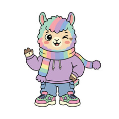 Fototapeta premium Cute Alpaca Gen Z Cartoon Character With Rainbow Scarf Flat Vector Art