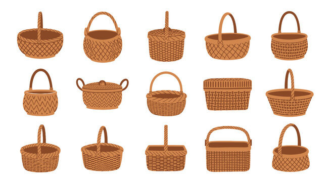 Set of Various Wicker Baskets Illustrations