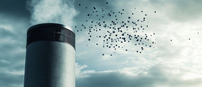 Smoke rises from a tall industrial chimney into the cloudy sky during the day in an urban area