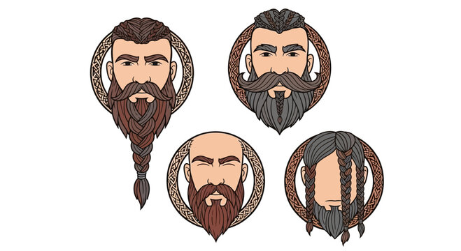 Set of Viking Men Portraits with Traditional Braided Hairstyles and Beards