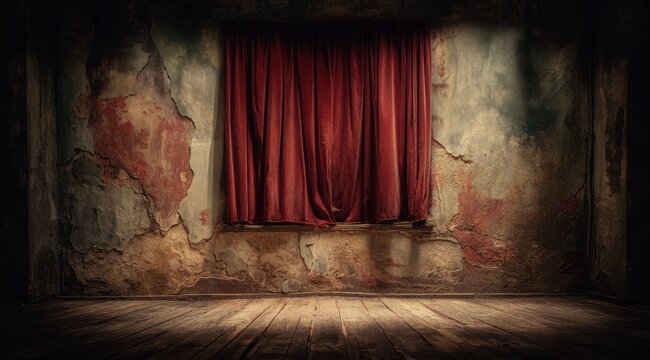 Mysterious dimly lit room with distressed walls and a single deep red curtain covering a window creating a suspenseful and eerie atmosphere for horror or drama scenes