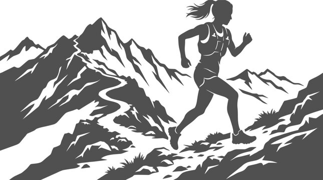Female athlete silhouette jogging on a winding mountain path vector can be editable