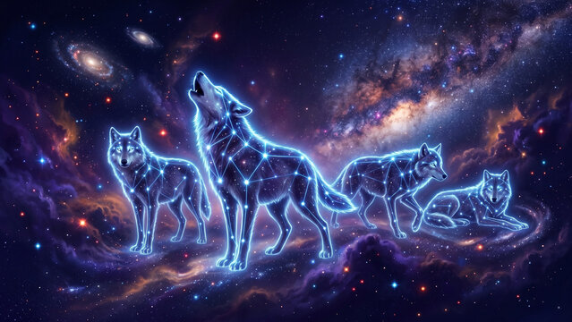 Five wolf spirit pack rendered as living star constellations with glowing blue white star points constellation lines in violet indigo deep space nebula and Milky Way galaxy background