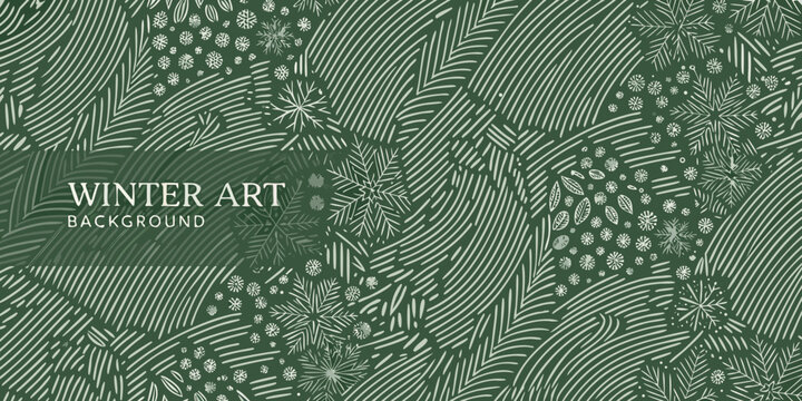 watercolor pine needle pattern with snowflakes in cool teal and gray tones