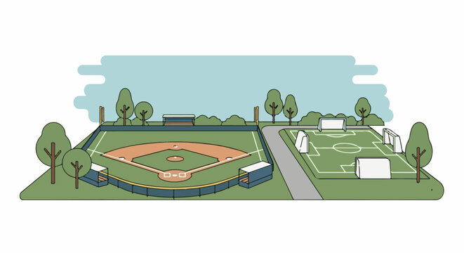 Park featuring a baseball diamond and soccer field with trees and sky