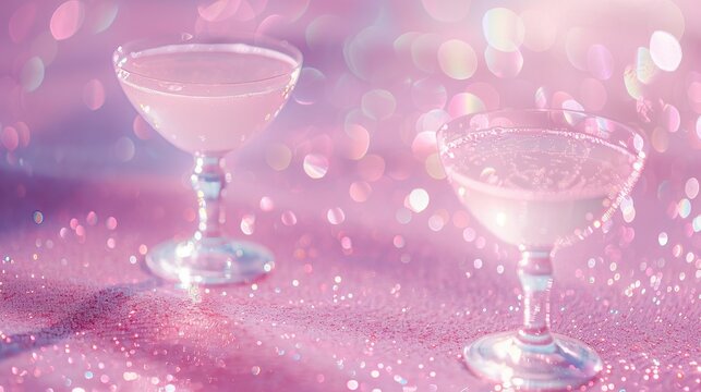 Two shimmering pink cocktails in elegant coupe glasses rest on a dazzling glitter surface surrounded by soft dreamy bokeh lights creating a luxurious festive celebration perfect for a romantic