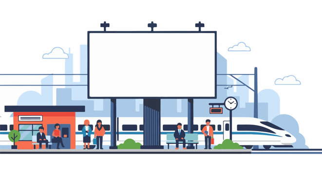 Modern train station with waiting passengers and large billboard