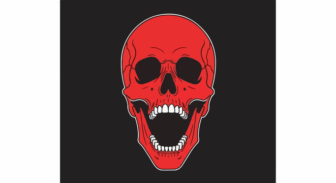 A bold, red, cartoon-style skull with an open mouth and sharp teeth
