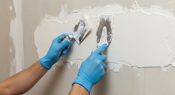 Hands in blue gloves applying white plaster to wall with spatulas