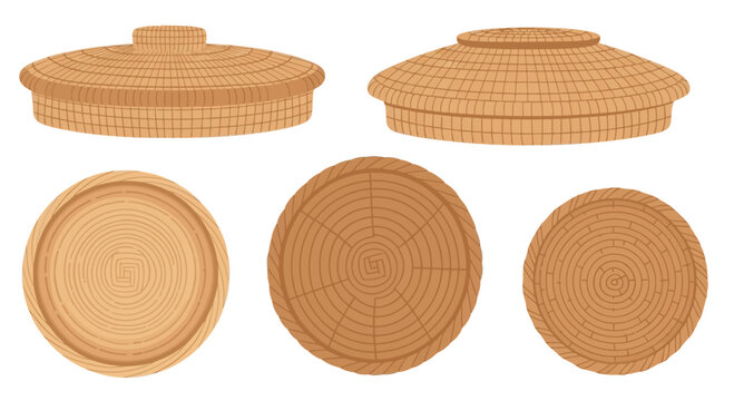 Set of Decorative Woven Wicker Lids and Round Wooden Trays