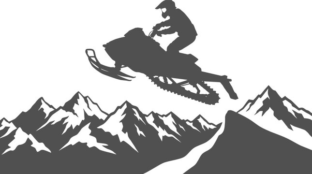 Motorized sled flying through the air above snowy mountains silhouette vector can be editable