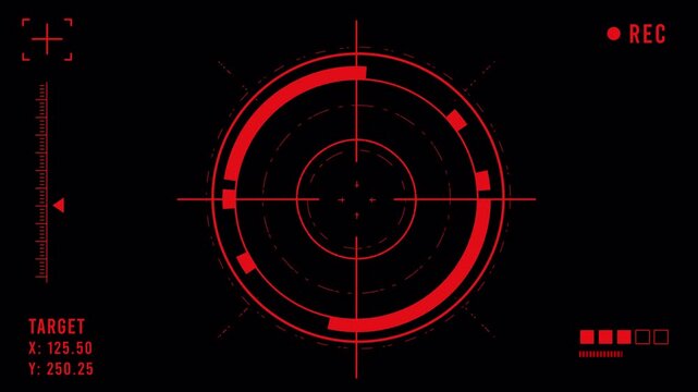 Target circle 2d HUD Red interface with a red digital weapon scope overlay, ideal for video game design and military training simulations.