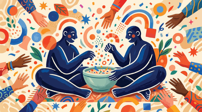Two blue men sitting crosslegged with a bowl of colorful objects