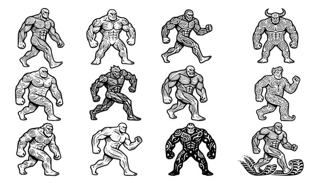Whimsical Bold Titan Character Doodle Collection, 12 Black and White Hand-Drawn Vector Illustrations of Colossal Figures, Isolated Fun Clipart for Fantasy Designs and Stationery