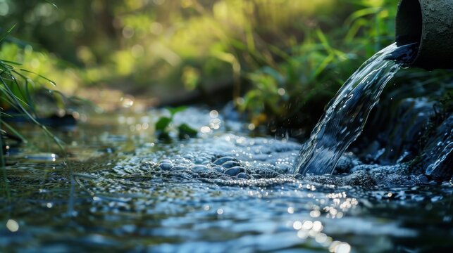 Pristine clear fresh water vigorously gushing from a metallic pipe into a vibrant natural stream amidst lush green foliage, symbolizing environmental purity, sustainable resources, and ecological