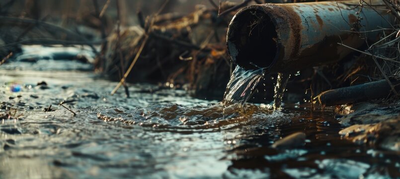 Dirty industrial wastewater flows from a rusty drainpipe into a polluted natural creek. Dark cinematic moody lighting highlights environmental destruction for ecological awareness campaigns.