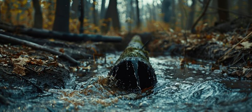 Moody forest stream with clear cold water flowing around a mossy fallen log in an autumn woodland, cinematic low-angle shot, golden fall foliage, nature background for environmental concepts.