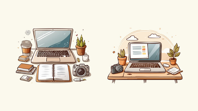 Workspace setup with laptops, notebooks, and coffee for remote work or study