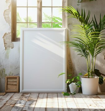 Blank vertical poster frame mockup on a rustic wooden floor next to a green potted palm plant with warm natural sunlight streaming through a vintage window, ideal for art presentation.