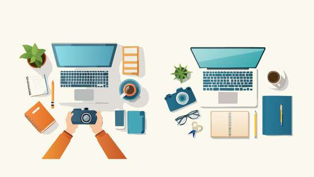 Flat lay concept of a modern creative workspace setup with photography gear, laptops, and digital tools for professional artists and content creators