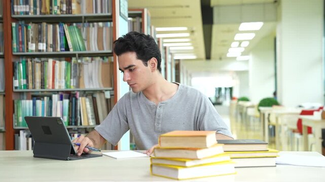 Young Caucasian male student reading a textbook and writing notes on notebook in university library. Teenage guy using a digital tablet and studying for an exam. Education concept.
