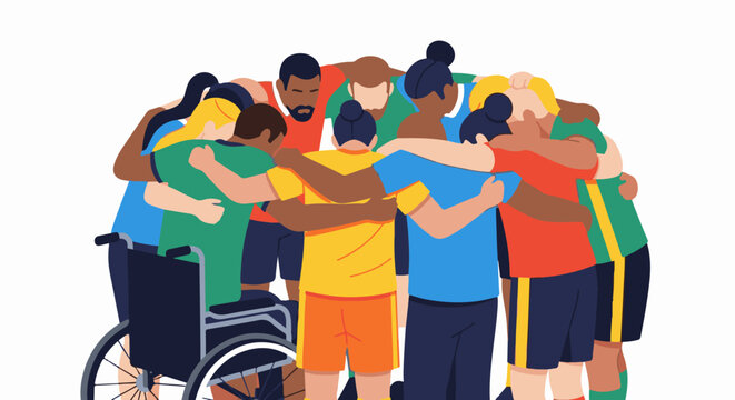 Diverse group in wheelchair and standing, embracing in unity