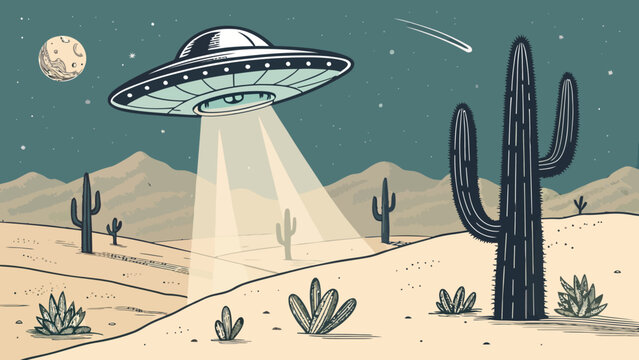 Alien spacecraft with a light beam over a desert with saguaro cactus and distant mountains flying saucer night sky science fiction alien invasion full moon outer space spacecraft extraterrestr
