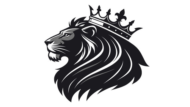 Majestic lion head with crown - silhouette black and white mane hair wild animal silhouette strength predator illustration wildlife ferocious majestic authority sovereign dominance