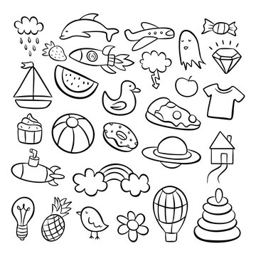 Cute children toys and random objects doodle collection