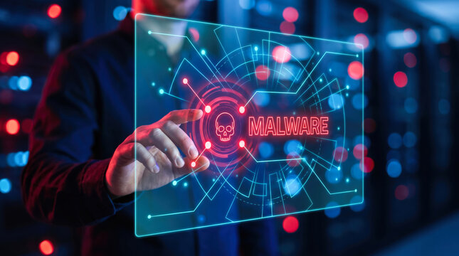 Cybersecurity expert using digital interface with malware warning, computer virus and cyber attack concept. 