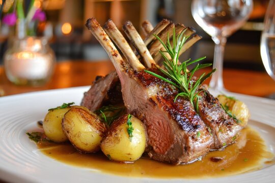 Rack of lamb with small potatoes and rosemary, served with sauce.