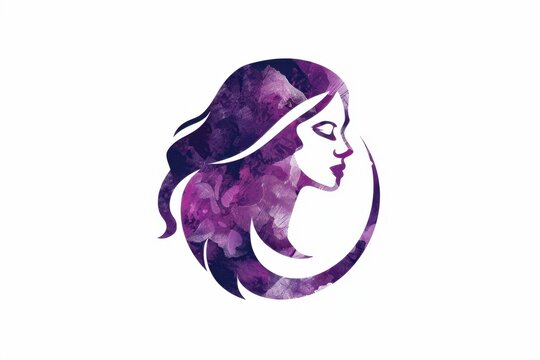 Elegant woman profile silhouette featuring purple watercolor texture and artistic hair design, ideal for beauty salon, spa, cosmetics, and wellness branding, isolated on white.
