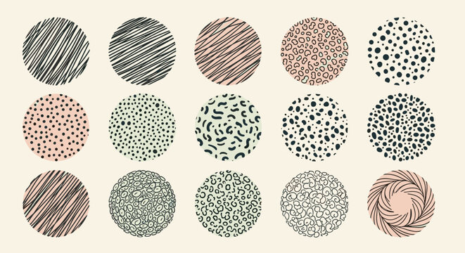 Set of abstract circular icons with diverse artistic textures like animal prints, spots, and hand drawn lines.