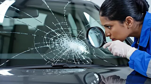 Female technician inspecting a shattered car windshield with a magnifying glass. Professional inspector examining glass damage for an insurance claim. Automotive glass repair service concept.