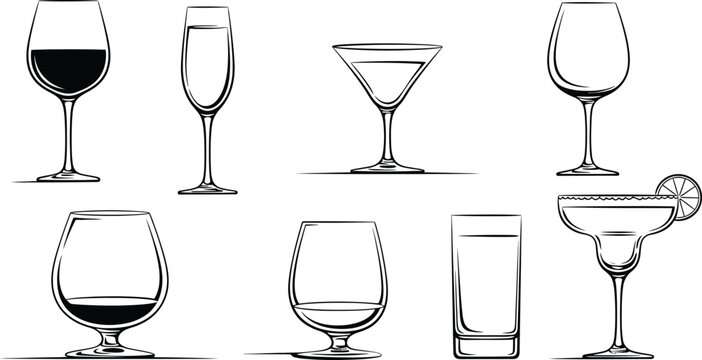 Elegant black line art vector set of glassware featuring wine champagne martini cocktail and whiskey glasses for bar restaurant menu design