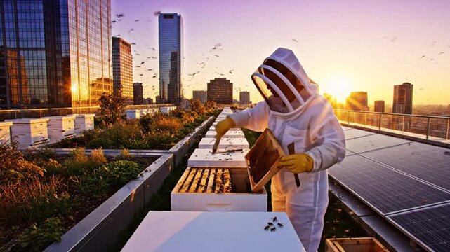 Beekeeper tending beehives on city rooftop apiary at sunset