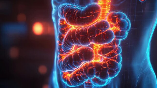selective focus futuristic 3d holographic human digestive system gallbladder glowing blue orange bile storage release small intestine medical interface