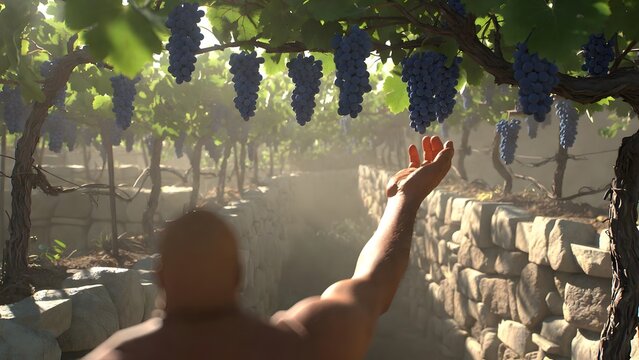 A faithful vineyard keeper reaching toward ripe grapes yet stopping just before touching them, terraced vines and stone retaining walls surrounding a moment charged with restraint and reverence, mello