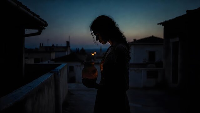 A lone biblical bride figure holding an unlit lamp close to her chest while gazing into deepening night, a narrow village rooftop with simple parapet walls and distant rooftops fading into silence, fa