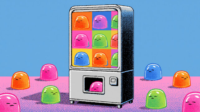 Pop art vending machine with colorful jelly characters perfect for whimsical illustration