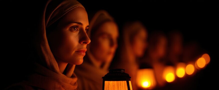 Women with glass lanterns embody hope and vigilance in the Biblical parable of the ten virgins.