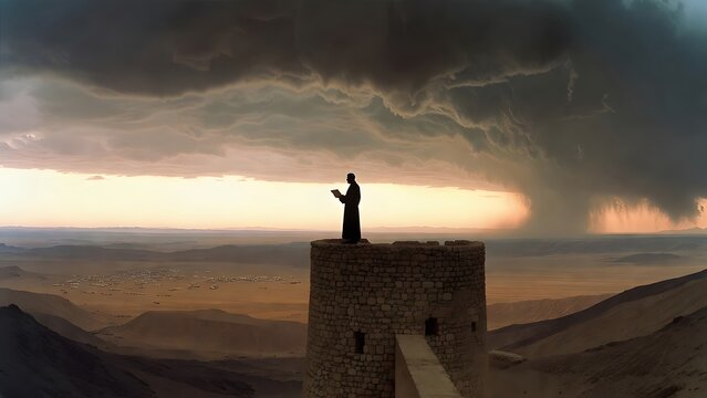 A lone watchman standing atop an ancient tower scanning a troubled horizon with a scroll pressed to his chest, distant desert camps and gathering storm fronts stretching across the landscape, twilight