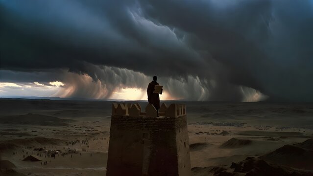 A lone watchman standing atop an ancient tower scanning a troubled horizon with a scroll pressed to his chest, distant desert camps and gathering storm fronts stretching across the landscape, twilight