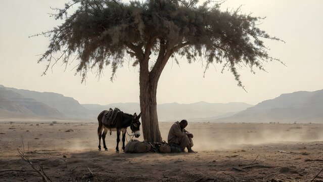 A solitary believer seated beside a tamarisk tree with a donkey tethered nearby and travel packs left unopened, a roadside pause in a sparse biblical plain where movement has ceased in obedience or co