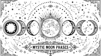 Celestial Moon Phases Illustration Showing Lunar Cycle in Artistic Style © JannaturNur