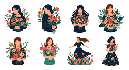 Fototapeta premium Beautiful collection of illustrations featuring diverse women holding large floral bouquets with pink and red roses.