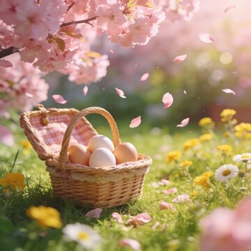 Fresh eggs in wicker basket on green grass with cherry blossoms petals spring floral picnic nature lifestyle scene