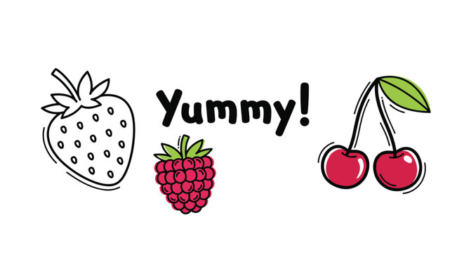 Sweet berry illustration featuring a strawberry, raspberry, and cherries with the cheerful word Yummy in black.